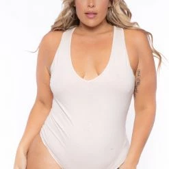 Ambiance Tops Plus Size V-Neck Bodysuit - Nude