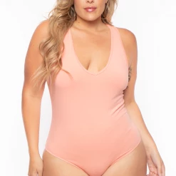 Ambiance Plus Size V-Neck Bodysuit - Peach