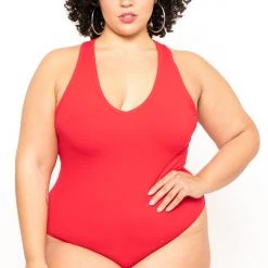 Ambiance Tops Plus Size V-Neck Bodysuit - Red