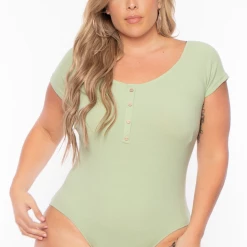 Ambiance Plus Size Button Rib Bodysuit - Sage