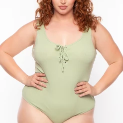 Ambiance Plus Size Lace-Up Ribbed Bodysuit - Sage