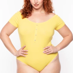 Ambiance Plus Size Button Rib Bodysuit - Yellow Tops