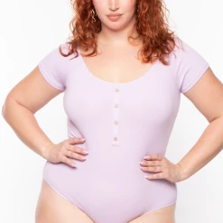 Ambiance Tops Plus Size Button Rib Bodysuit - Lavender