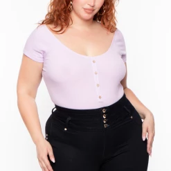 Ambiance Tops Plus Size Button Rib Bodysuit - Lavender