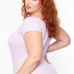 Ambiance Tops Plus Size Button Rib Bodysuit - Lavender