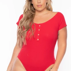 Ambiance Plus Size Button Rib Bodysuit - Red
