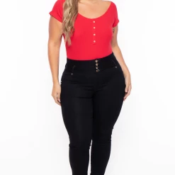 Ambiance Plus Size Button Rib Bodysuit - Red