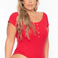 Ambiance Plus Size Button Rib Bodysuit - Red 11 Ambiance Plus Size Button Rib Bodysuit - Red