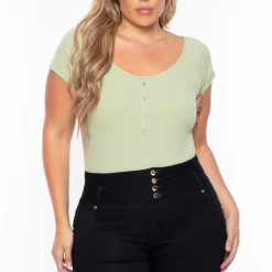 Ambiance Plus Size Button Rib Bodysuit - Sage