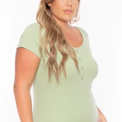 Ambiance Plus Size Button Rib Bodysuit - Sage