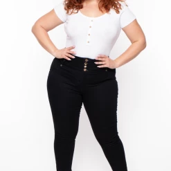 Ambiance Plus Size Button Rib Bodysuit - White