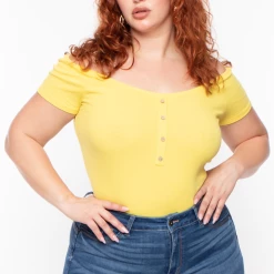 Ambiance Plus Size Button Rib Bodysuit - Yellow Tops