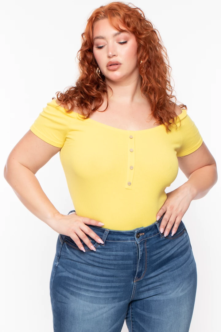 Ambiance Plus Size Button Rib Bodysuit - Yellow Tops 4 Ambiance Plus Size Button Rib Bodysuit - Yellow Tops