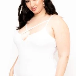 Ambiance Tops Plus Size Keyhole Ribbed Bodysuit - White