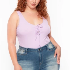 Ambiance Tops Plus Size Lace-Up Ribbed Bodysuit - Lavender