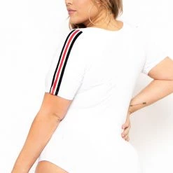Ambiance Tops Plus Size Striped-Trim Bodysuit - White
