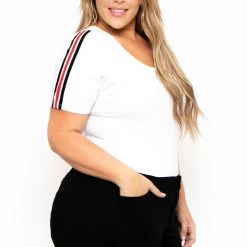 Ambiance Tops Plus Size Striped-Trim Bodysuit - White