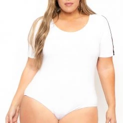 Ambiance Tops Plus Size Striped-Trim Bodysuit - White