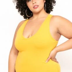 Ambiance Tops Plus Size V-Neck Bodysuit - Mustard