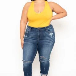 Ambiance Tops Plus Size V-Neck Bodysuit - Mustard