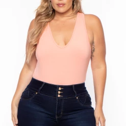 Ambiance Plus Size V-Neck Bodysuit - Peach