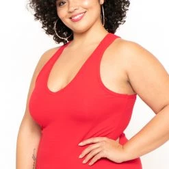 Ambiance Tops Plus Size V-Neck Bodysuit - Red