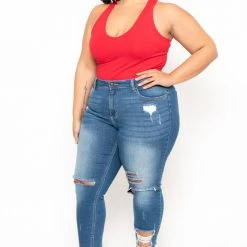 Ambiance Tops Plus Size V-Neck Bodysuit - Red