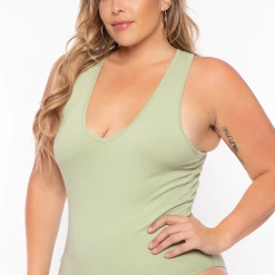 Ambiance Tops Plus Size V-Neck Bodysuit - Sage 8 Ambiance Tops Plus Size V-Neck Bodysuit - Sage