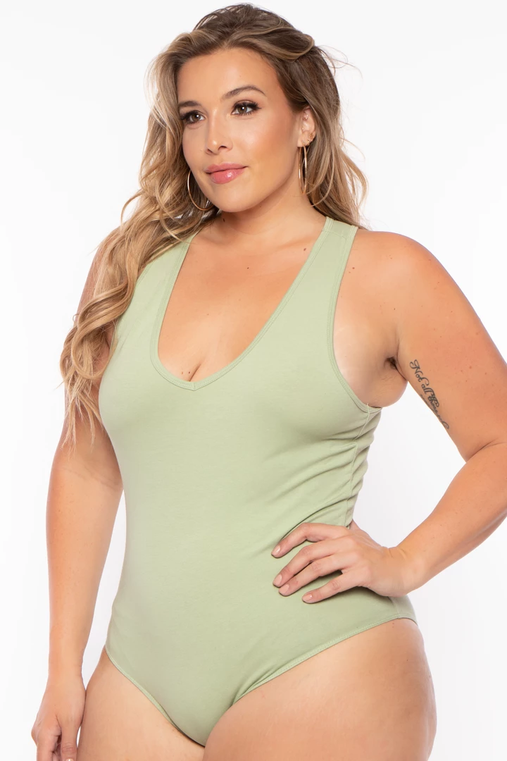 Ambiance Tops Plus Size V-Neck Bodysuit - Sage 5 Ambiance Tops Plus Size V-Neck Bodysuit - Sage