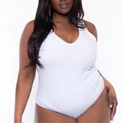 Ambiance Plus Size V-Neck Bodysuit - White
