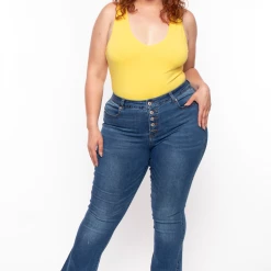 Ambiance Tops Plus Size V-Neck Bodysuit - Yellow