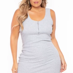 Ambiance Dresses Plus Size Zip-up Rib Tank Bodycon Dress - Heather Grey