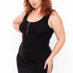 Ambiance Plus Size Zip-up Rib Tank Bodycon Dress - Black Dresses