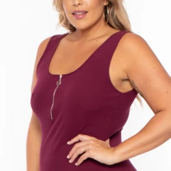 Ambiance Dresses Plus Size Zip-up Rib Tank Bodycon Dress - Burgundy