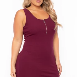 Ambiance Dresses Plus Size Zip-up Rib Tank Bodycon Dress - Burgundy