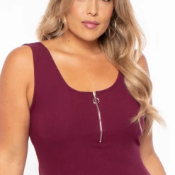 Ambiance Dresses Plus Size Zip-up Rib Tank Bodycon Dress - Burgundy