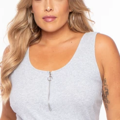 Ambiance Dresses Plus Size Zip-up Rib Tank Bodycon Dress - Heather Grey
