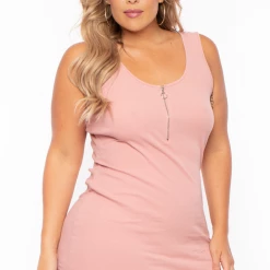 Ambiance Plus Size Zip-up Rib Tank Bodycon Dress - Mauve