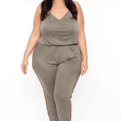 Ambiance Party Jumpsuilts Plus Size Varsity Lounge Jumpsuit - Olive
