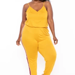 Ambiance Plus Size Varsity Lounge Jumpsuit - Mustard Party Jumpsuilts