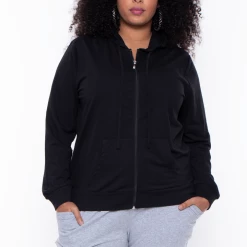 Ambiance Plus Size Drawstring Zip Up Hoodie - Black Sale