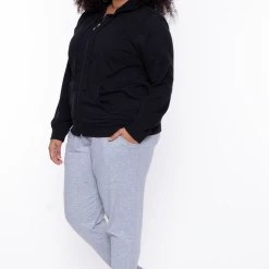 Ambiance Plus Size Drawstring Zip Up Hoodie - Black Sale