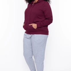 Ambiance Plus Size Drawstring Zip Up Hoodie - Burgundy Sale
