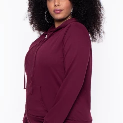 Ambiance Plus Size Drawstring Zip Up Hoodie - Burgundy Sale