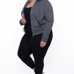Ambiance Plus Size Drawstring Zip Up Hoodie - Charcoal Sale