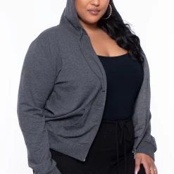 Ambiance Plus Size Drawstring Zip Up Hoodie - Charcoal Sale