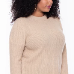 Ambiance Plus Size High Neck Knitted Sweater - Khaki Tops