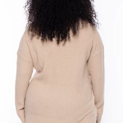 Ambiance Plus Size High Neck Knitted Sweater - Khaki Tops