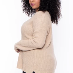 Ambiance Plus Size High Neck Knitted Sweater - Khaki Tops