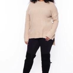 Ambiance Plus Size High Neck Knitted Sweater - Khaki Tops